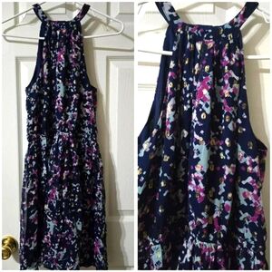 Greylin Anthropologie Silk Halter Mini Dress, Gold Metallic Detail, Lined, EUC!